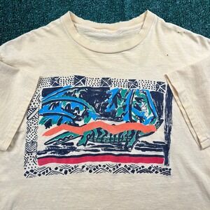 VTG Abstract Tribal Art Graphic Print 50/50 Thin Boxy T-Shirt Men L Yellow 80s